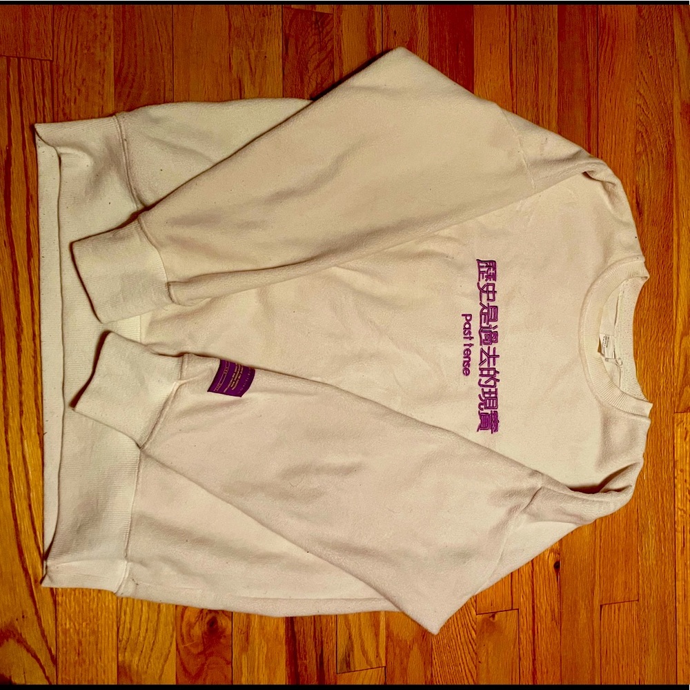 Men’s Cream “Past Tense” Embroidered Crewneck Sweater, Size L